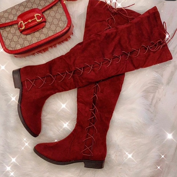 Burgandy Vegan Suede boots over knee - Picture 3 of 3